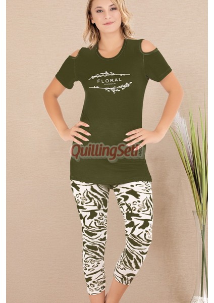 Haki Renk ve Desenli Pamuklu Kadınların Tercihi Lady 12070 Kapri ve Taytlı Pijama Takımı fırsatları