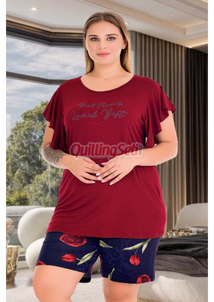 Bordo - Lacivert Renk ve Gül Desenli 10428 Şortlu Büyük Beden Anne Pijama Takımı modelleri