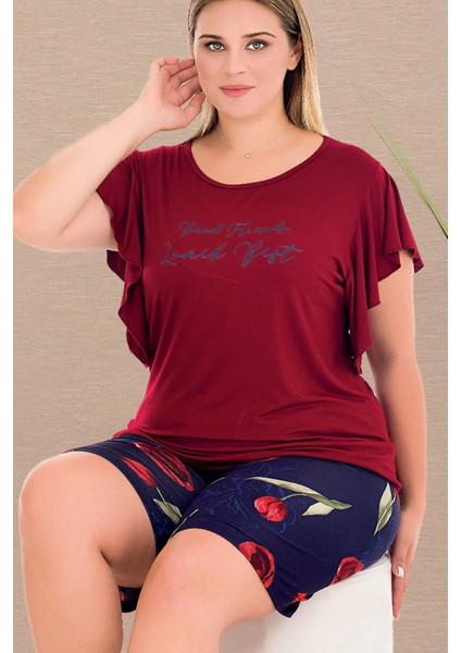 Bordo - Lacivert Renk ve Gül Desenli 10428 Şortlu Büyük Beden Anne Pijama Takımı fırsatları