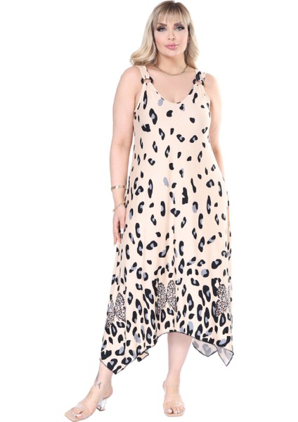 Butik Askılı V Yaka Bej Sulu Leopar Desen Elbise fiyatları