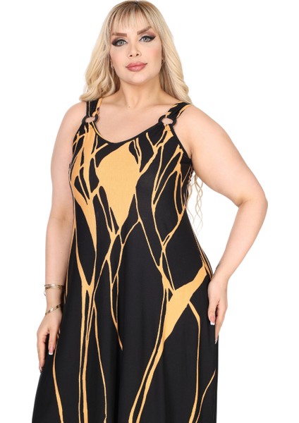 Butik Askılı V Yaka Toka Detaylı Sarı Lav Desen Elbise
