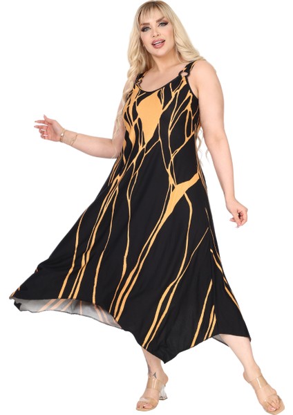 Butik Askılı V Yaka Toka Detaylı Sarı Lav Desen Elbise