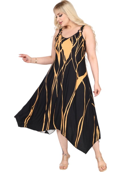 Butik Askılı V Yaka Toka Detaylı Sarı Lav Desen Elbise