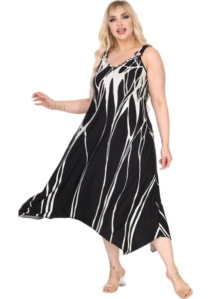 Butik Askılı V Yaka Toka Detaylı Beyaz Lav Desen Elbise