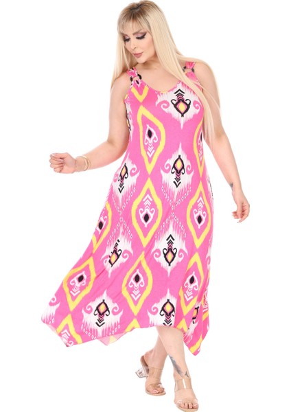 Butik Askılı V Yaka Toka Detaylı Pembe Motif Desen Elbise