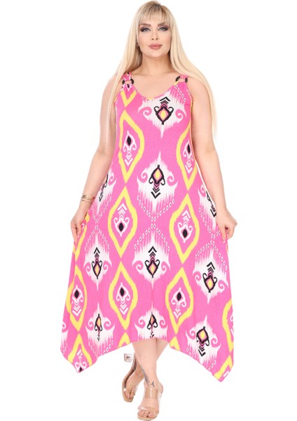 Butik Askılı V Yaka Toka Detaylı Pembe Motif Desen Elbise fiyatları