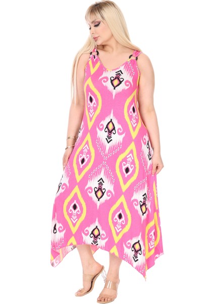 Butik Askılı V Yaka Toka Detaylı Pembe Motif Desen Elbise indirimleri