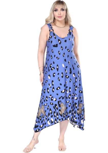 Butik Askılı V Yaka Mavi Sulu Leopar Desen Elbise indirimleri