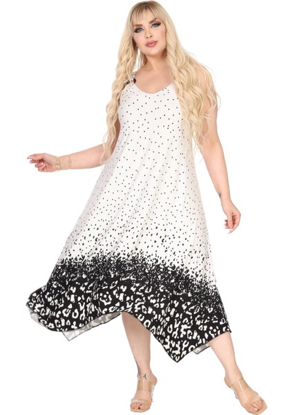 Butik Askılı V Yaka Beyaz Puanlı Eteği Leopar Desen Elbise