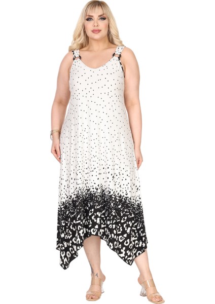 Butik Askılı V Yaka Beyaz Puanlı Eteği Leopar Desen Elbise fiyatları