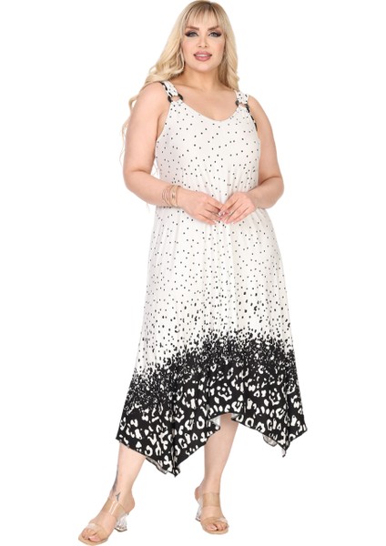 Butik Askılı V Yaka Beyaz Puanlı Eteği Leopar Desen Elbise modelleri