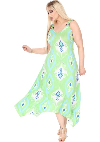 Butik Askılı V Yaka Toka Detaylı Yeşil Motif Desen Elbise