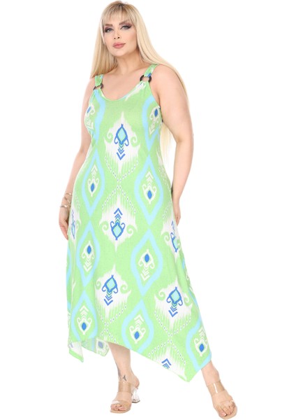 Butik Askılı V Yaka Toka Detaylı Yeşil Motif Desen Elbise