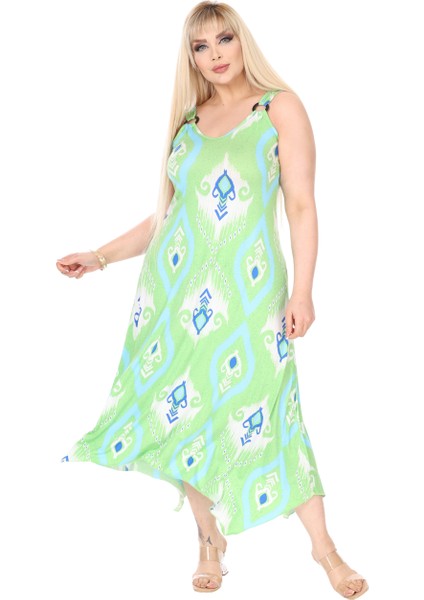 Butik Askılı V Yaka Toka Detaylı Yeşil Motif Desen Elbise