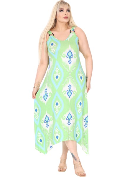 Butik Askılı V Yaka Toka Detaylı Yeşil Motif Desen Elbise