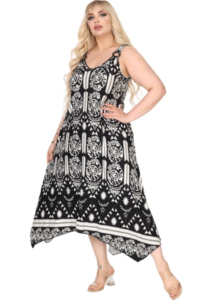 Butik Askılı V Yaka Toka Detaylı Beyaz Retro Desen Elbise