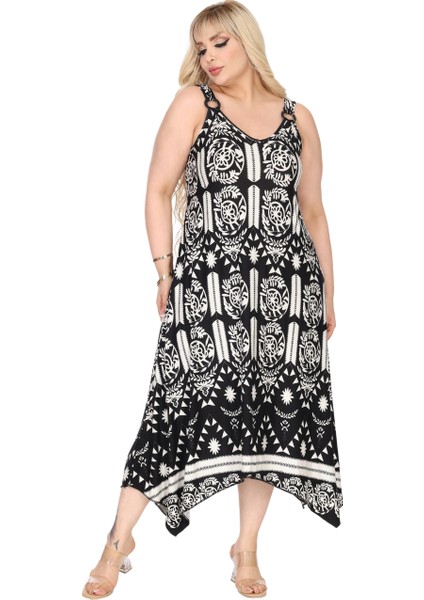 Butik Askılı V Yaka Toka Detaylı Beyaz Retro Desen Elbise fiyatları