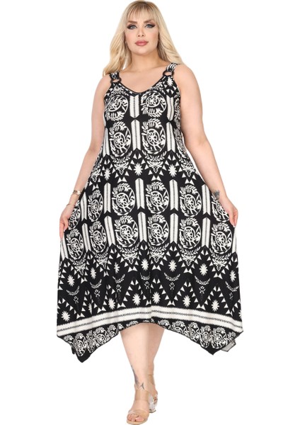 Butik Askılı V Yaka Toka Detaylı Beyaz Retro Desen Elbise fırsatları