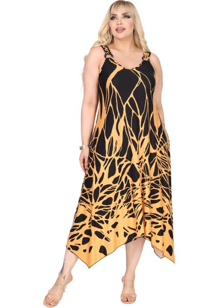 Butik Askılı V Yaka Toka Detaylı Sarı Reflektör Desen Elbise
