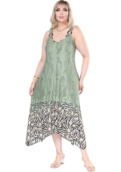 Butik Askılı V Yaka Haki Eteği Çizgili Desen Elbise fiyatları