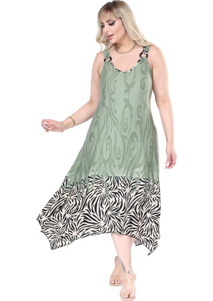 Butik Askılı V Yaka Haki Eteği Çizgili Desen Elbise modelleri