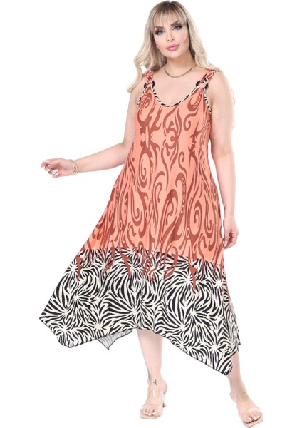 Butik Askılı V Yaka Turuncu Eteği Çizgili Desen Elbise