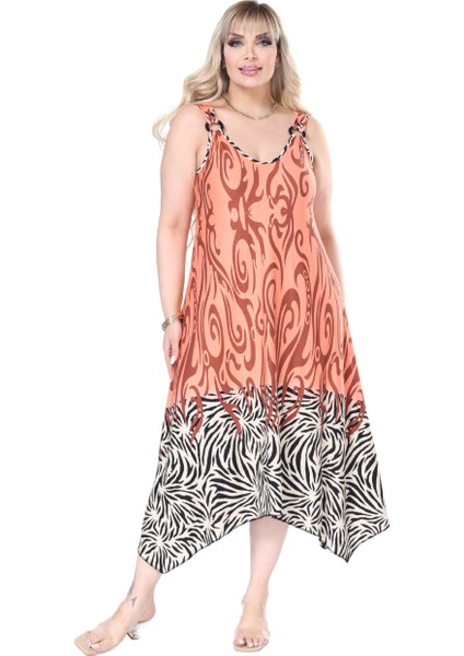 Butik Askılı V Yaka Turuncu Eteği Çizgili Desen Elbise fırsatları