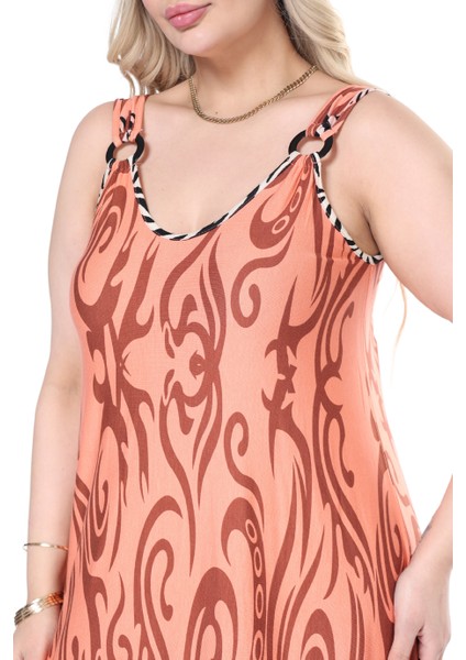 Butik Askılı V Yaka Turuncu Eteği Çizgili Desen Elbise indirimleri