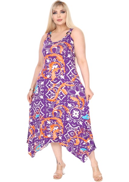 Butik Askılı V Yaka Toka Detaylı Mor Retro Desen Elbise