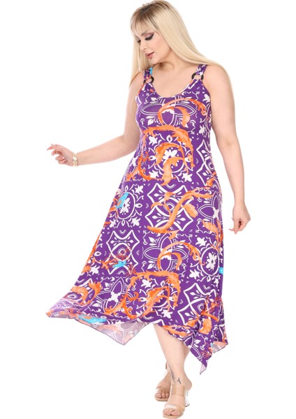 Butik Askılı V Yaka Toka Detaylı Mor Retro Desen Elbise