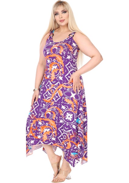 Butik Askılı V Yaka Toka Detaylı Mor Retro Desen Elbise