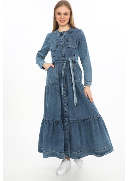 Uzun Kol Cepli Kar Yıkama Önden Düğmeli Kemerli Kot Elbise & Tesettür GIYIM-2442