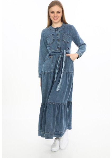 Uzun Kol Cepli Kar Yıkama Önden Düğmeli Kemerli Kot Elbise & Tesettür GIYIM-2442 fiyatları