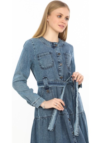 Uzun Kol Cepli Kar Yıkama Önden Düğmeli Kemerli Kot Elbise & Tesettür GIYIM-2442 fırsatları