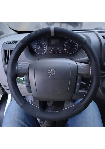 Dikişli Direksiyon Kılıfı Karbon Deri Noktalı Deri Gri Yüzük Gri Dikişli Peugeot Boxer Için