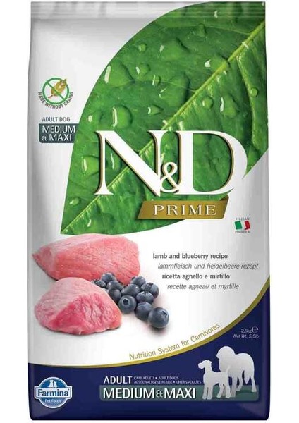 Nd Prime Tahılsız Medium Maxi Adult Köpek 2,5kg Kuzu Etli ve Yaban Mersinli Köpek Maması