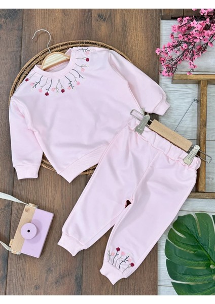 Pembe Kız Bebek Pamuklu Nakışlı Çiçek Işlemeli Lastikli Paça 2 Iplik Takım