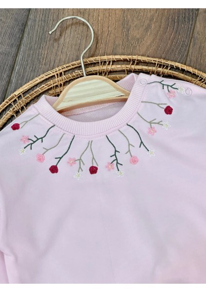 Pembe Kız Bebek Pamuklu Nakışlı Çiçek Işlemeli Lastikli Paça 2 Iplik Takım modelleri