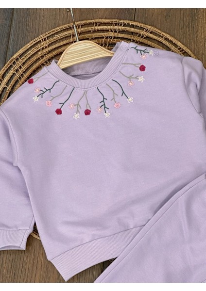 Lila Kız Bebek Pamuklu Nakışlı Çiçek Işlemeli Lastikli Paça 2 Iplik Takım fiyatları