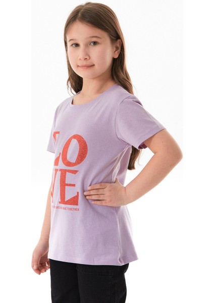 %100 Pamuk Simli Love Yazı Baskılı Kız Çocuk Tişört