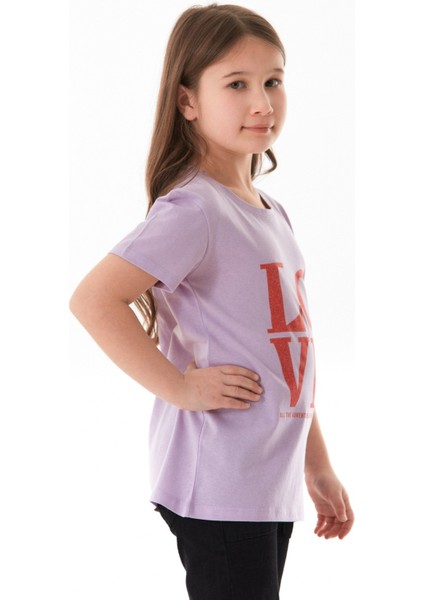 %100 Pamuk Simli Love Yazı Baskılı Kız Çocuk Tişört modelleri