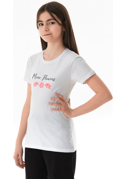 %100 Pamuk Yazı ve Çiçek Baskılı Bisiklet Yaka Kız Çocuk Tişört