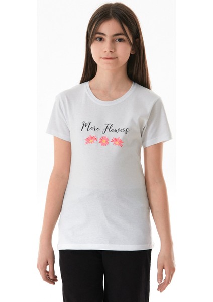 %100 Pamuk Yazı ve Çiçek Baskılı Bisiklet Yaka Kız Çocuk Tişört modelleri