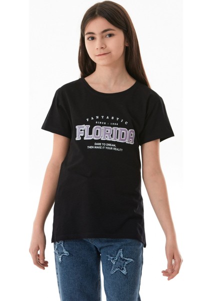 %100 Pamuk Florida Yazı Baskılı Kız Çocuk Tişört