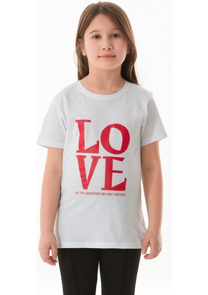 %100 Pamuk Simli Love Yazı Baskılı Kız Çocuk Tişört