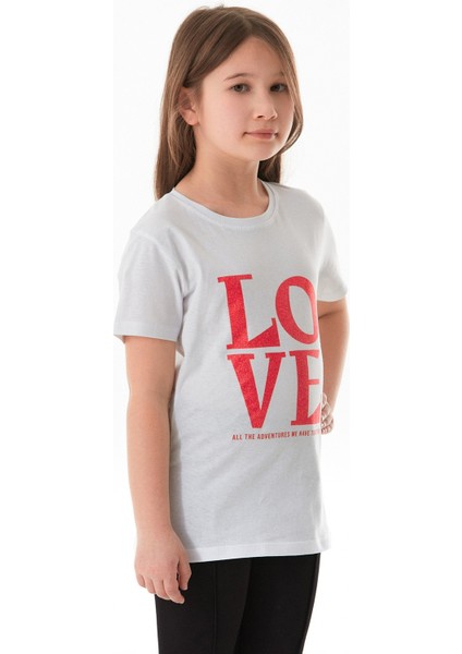 %100 Pamuk Simli Love Yazı Baskılı Kız Çocuk Tişört fiyatları