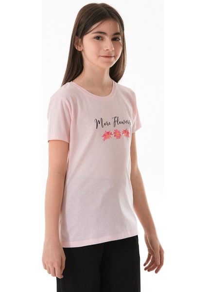 %100 Pamuk Yazı ve Çiçek Baskılı Bisiklet Yaka Kız Çocuk Tişört