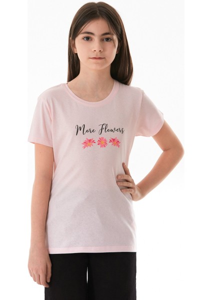 %100 Pamuk Yazı ve Çiçek Baskılı Bisiklet Yaka Kız Çocuk Tişört indirimleri