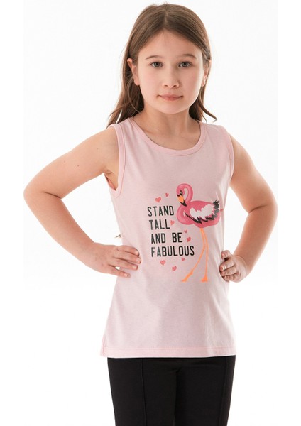 %100 Pamuk Flamingo Baskılı Kolsuz Kız Çocuk Tişört