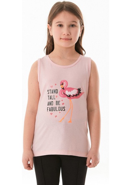 %100 Pamuk Flamingo Baskılı Kolsuz Kız Çocuk Tişört
